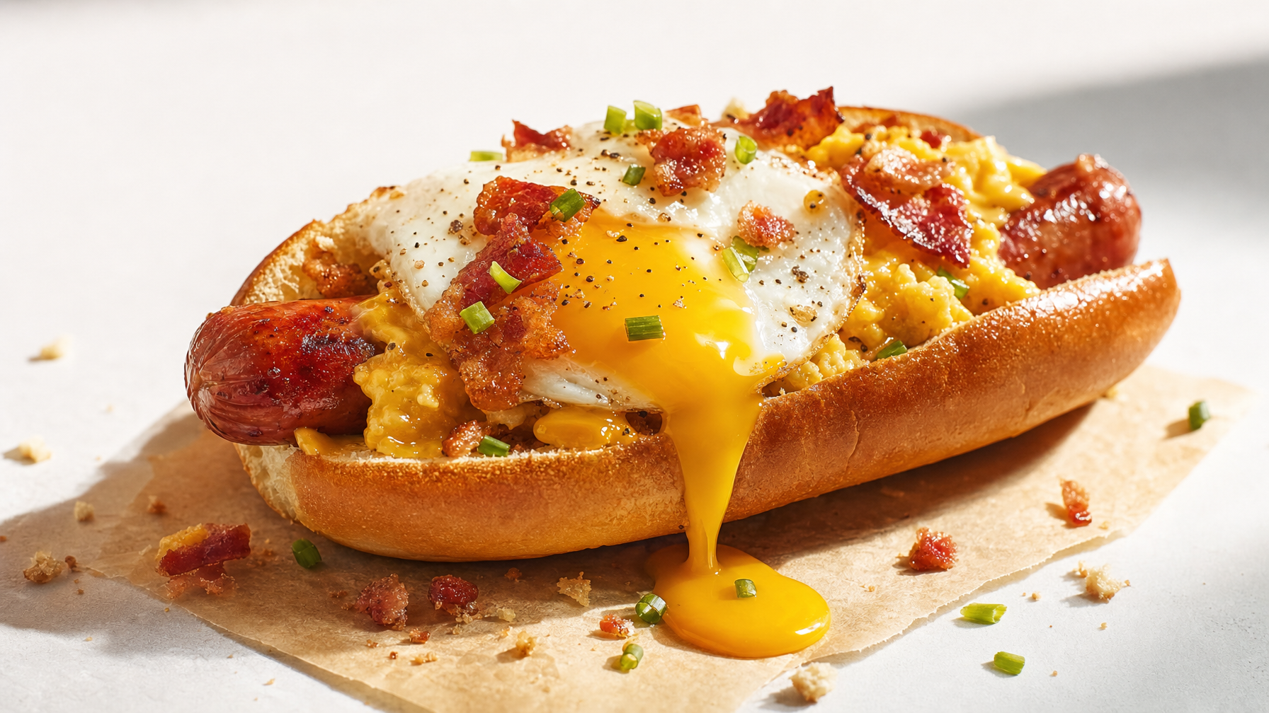 A breakfast hot dog topped with a fried egg, scrambled eggs, bacon, and green onions sits on parchment, with runny yolk spilling onto the tabletop.