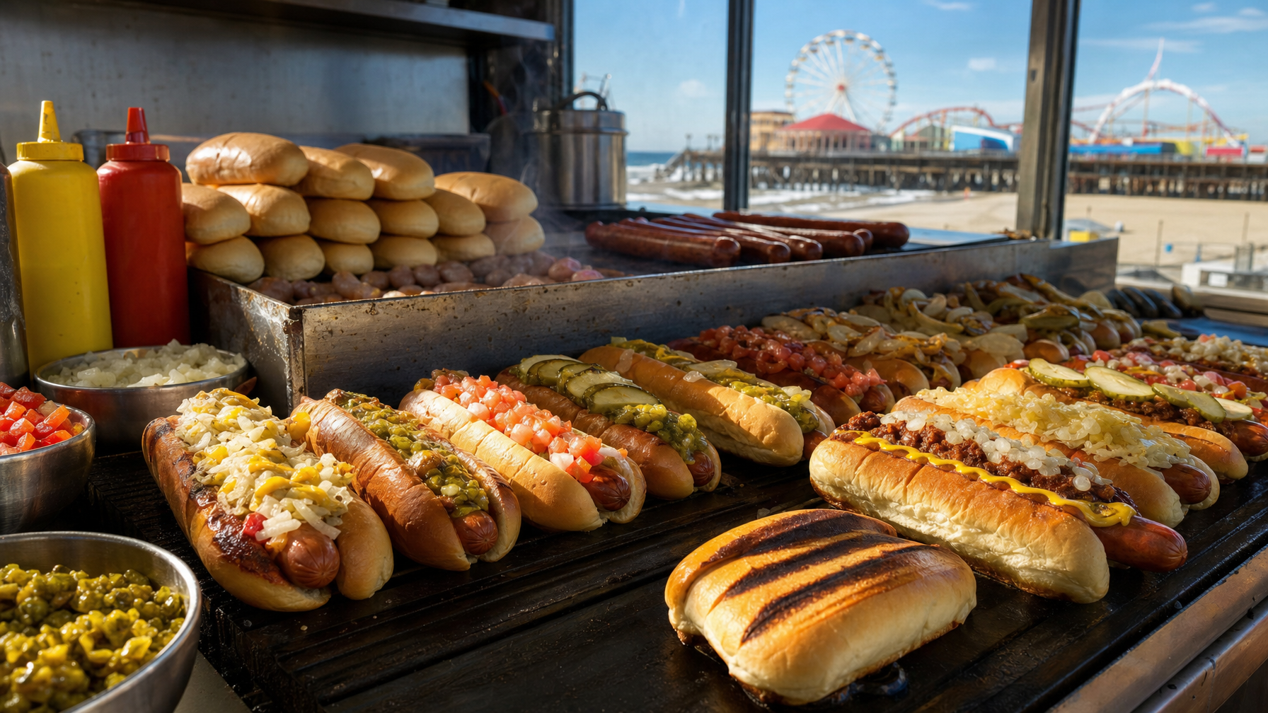 Grilled hot dogs in assorted buns with condiments at a food stand, with a beach and amusement pier visible through the window.