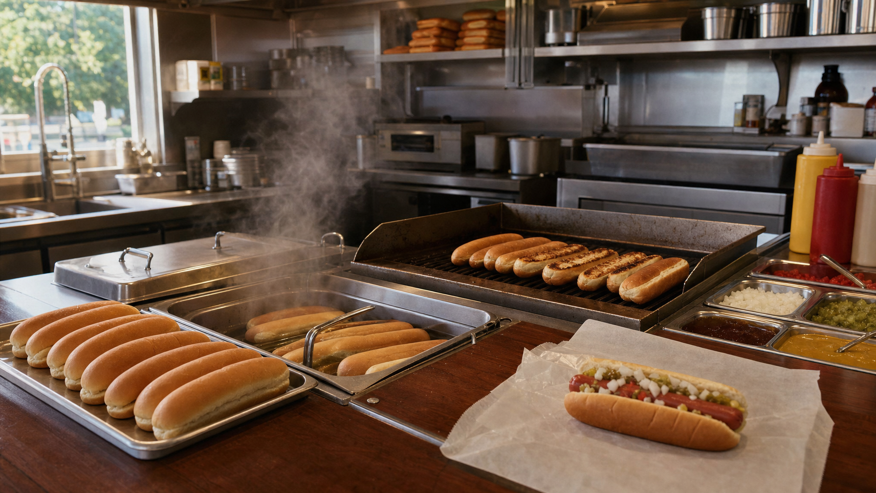 Hot dog buns are arranged on trays and a grill in a commercial kitchen, with steam rising from a warming pan and a filled hot dog on parchment beside condiment trays.