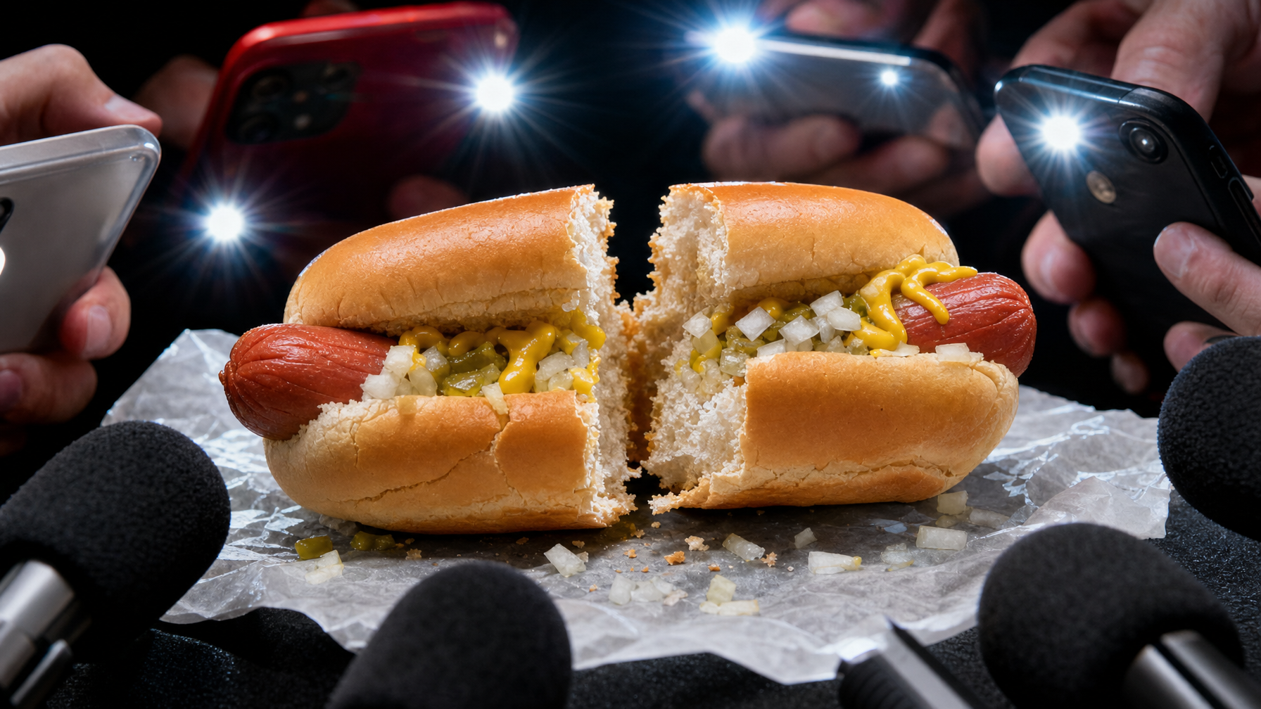 A hot dog in a bun split into two halves sits on foil with mustard, onions, and relish, surrounded by microphones and people holding phones with flashes.