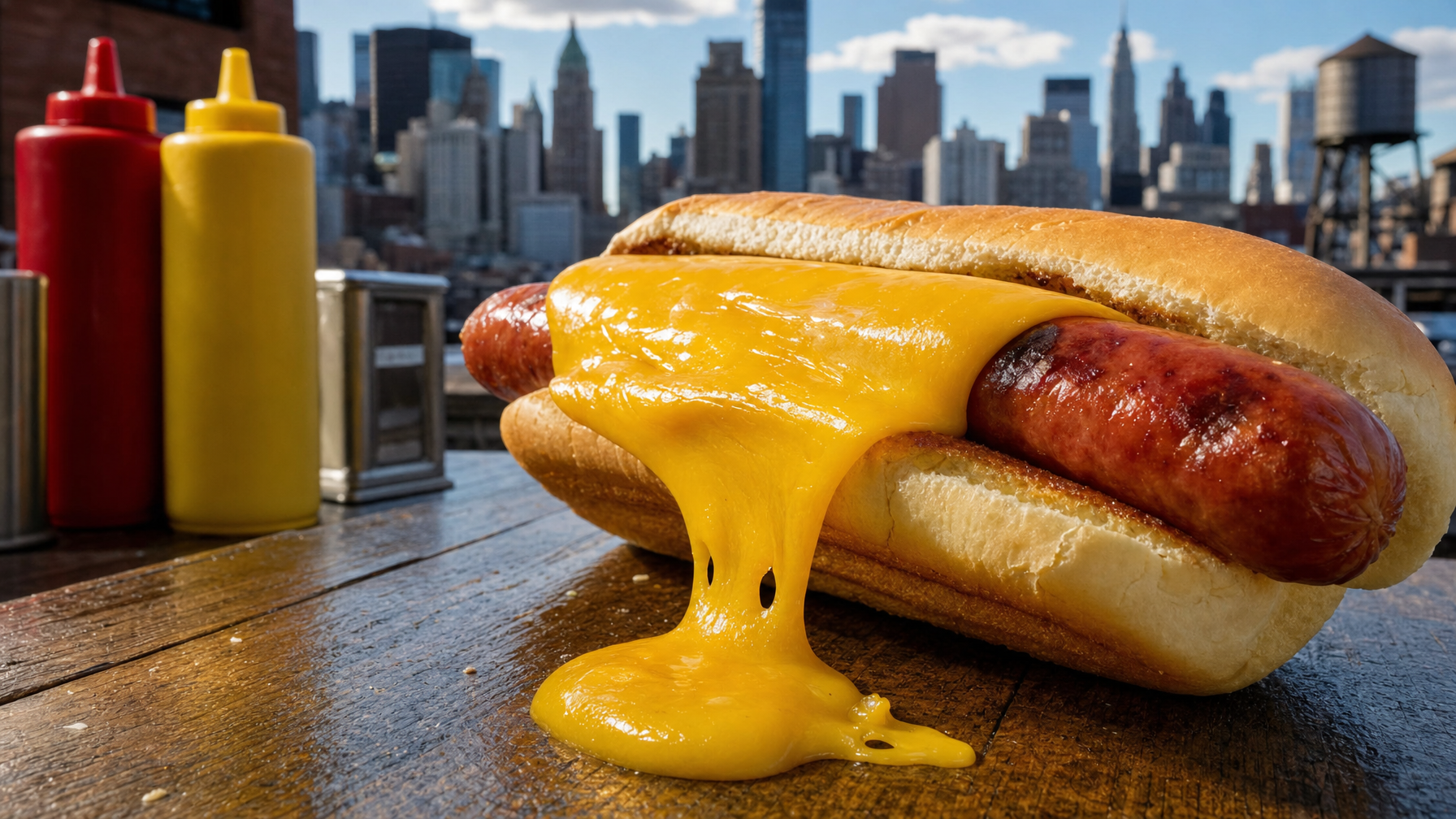 A hot dog in a bun is topped with melted yellow cheese spilling onto a wooden table, with condiment bottles and a city skyline behind it.