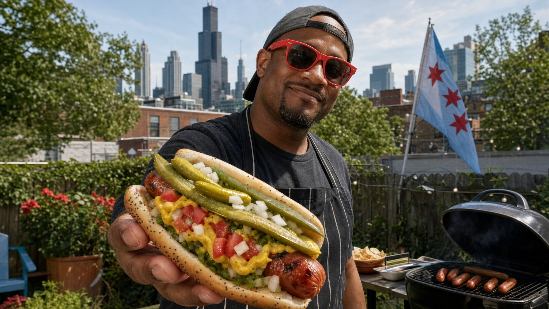 A person in an apron holds a fully dressed hot dog in a backyard grilling area, with an open grill, city skyline, and a blue-and-white flag in the background.
