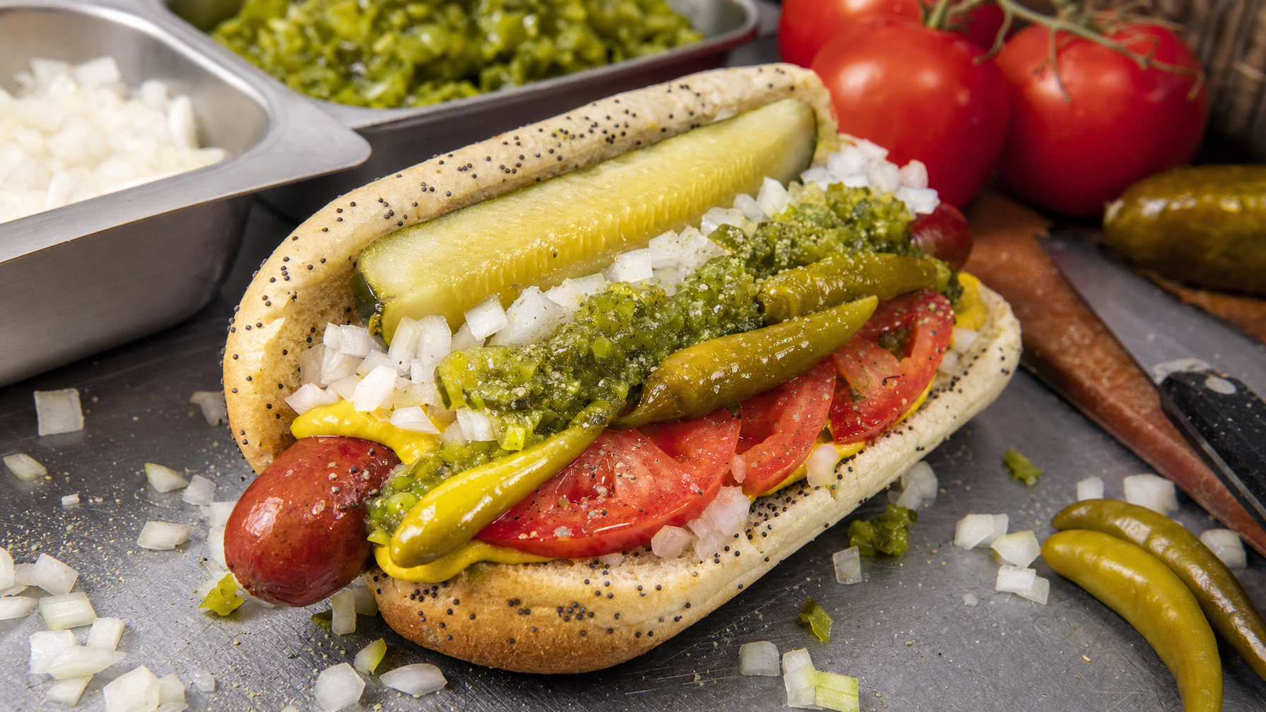 A fully topped hot dog in a poppy-seed bun rests on a food-preparation surface with tomato, onion, relish, mustard, peppers, and a pickle spear.