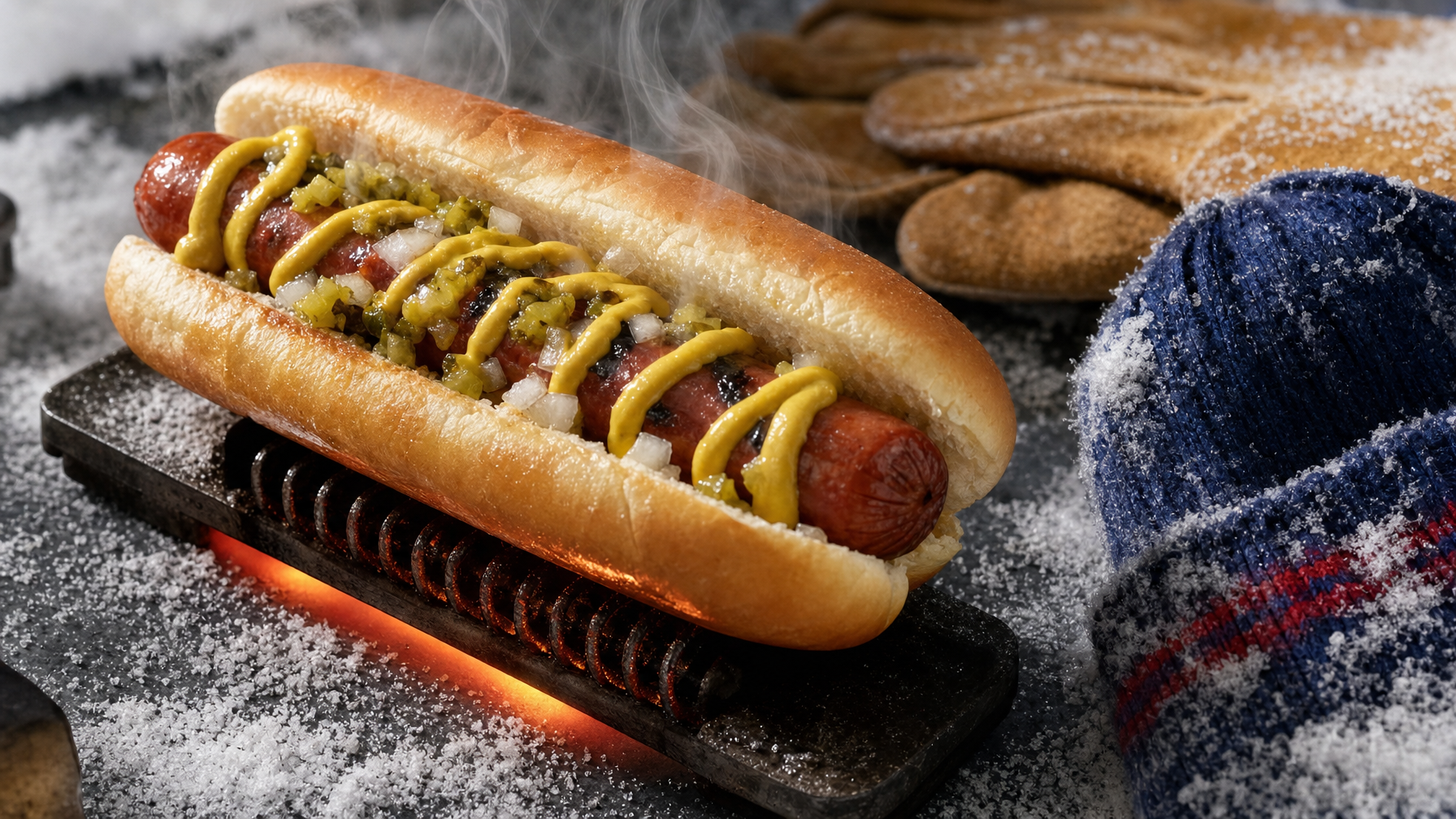 A steaming hot dog topped with mustard, relish, and onions rests on a glowing heated rack amid snow, with a snow-covered blue mitten and uncooked sausages in the background.