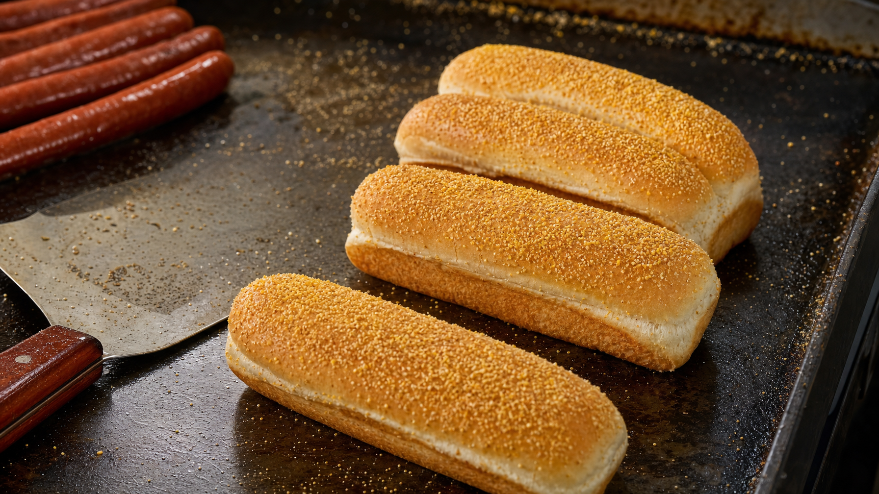 Four elongated buns coated with a grainy yellow topping sit on a baking tray beside several sausages and a metal spatula.
