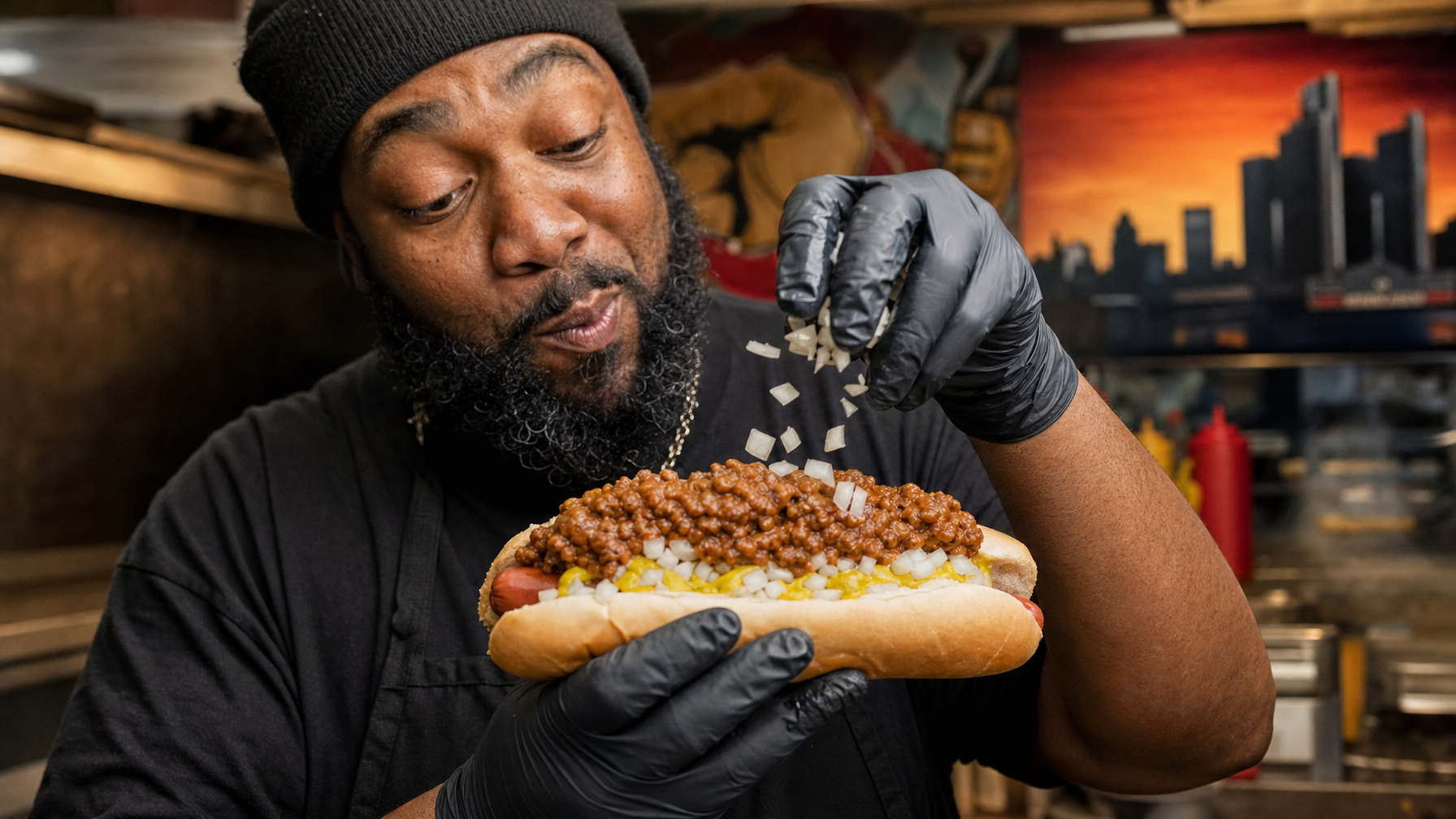 A gloved cook sprinkles diced onions over a chili-topped hot dog with mustard in a food stall kitchen.