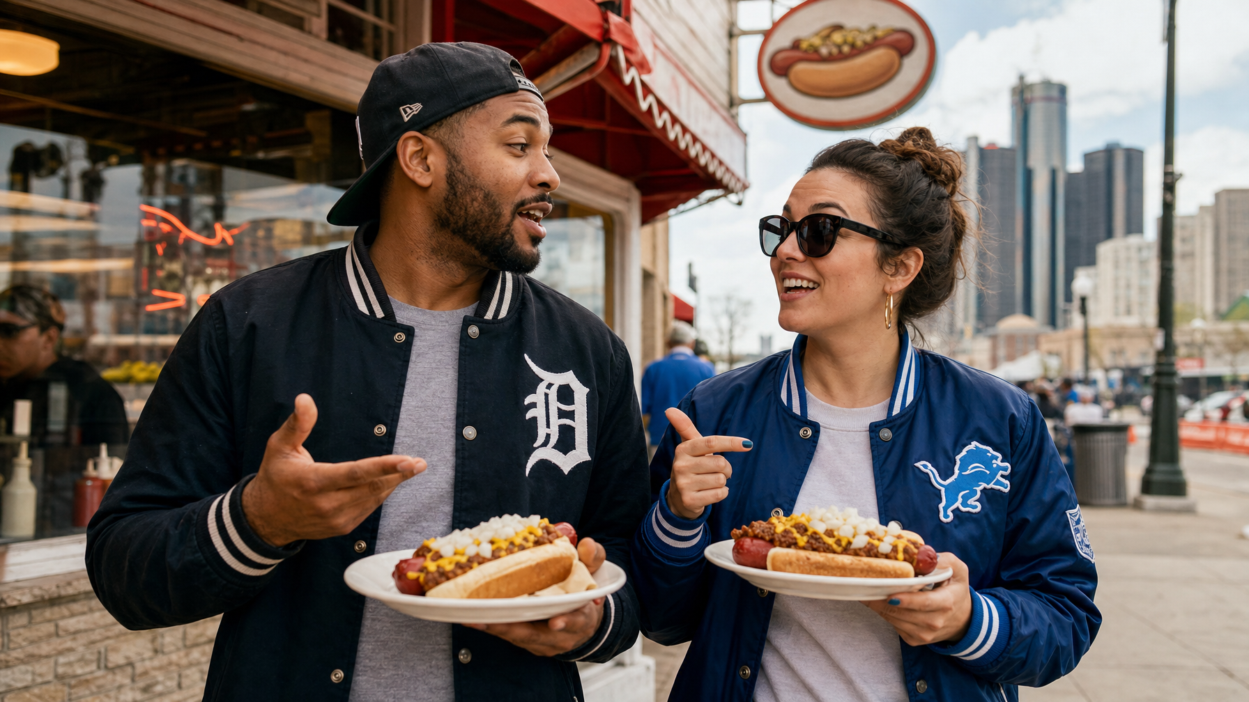 Two people hold chili-topped hot dogs and gesture while talking outside a restaurant, with a city skyline behind them.