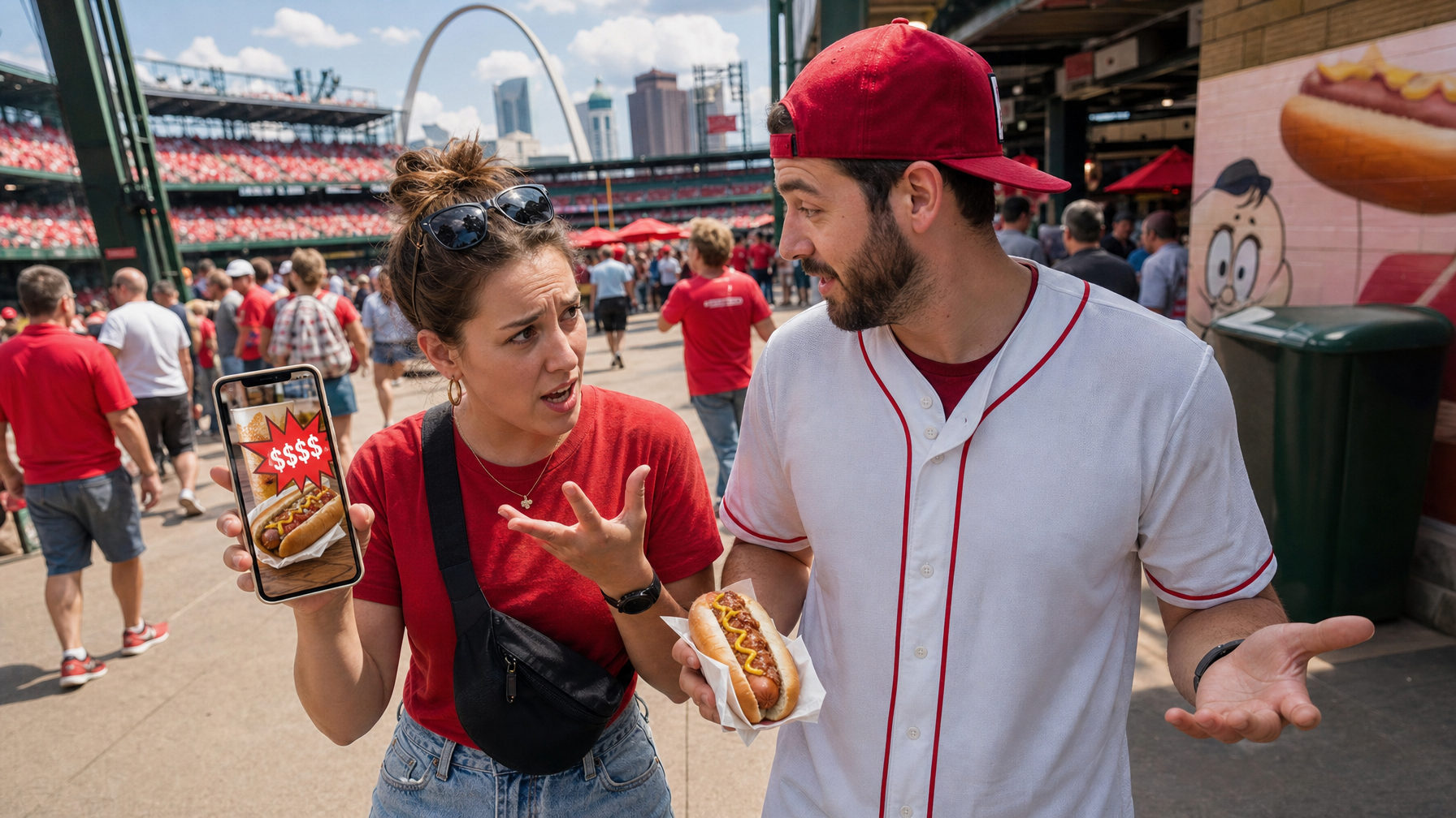 Two spectators discuss a hot dog outside a sports stadium; one holds up a smartphone displaying a hot dog with four dollar signs while the other holds a hot dog.