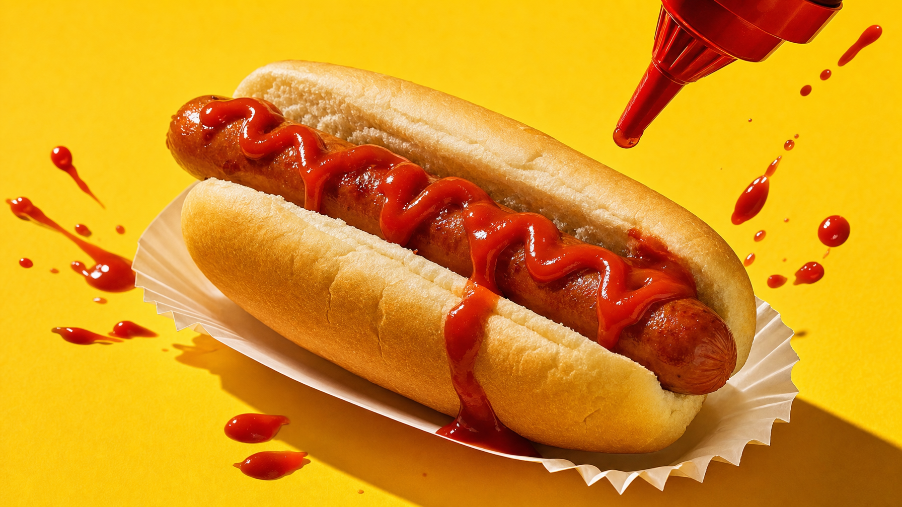 A hot dog in a bun is covered with ketchup on a paper tray, with a squeeze bottle and splashes of ketchup on a bright yellow surface.