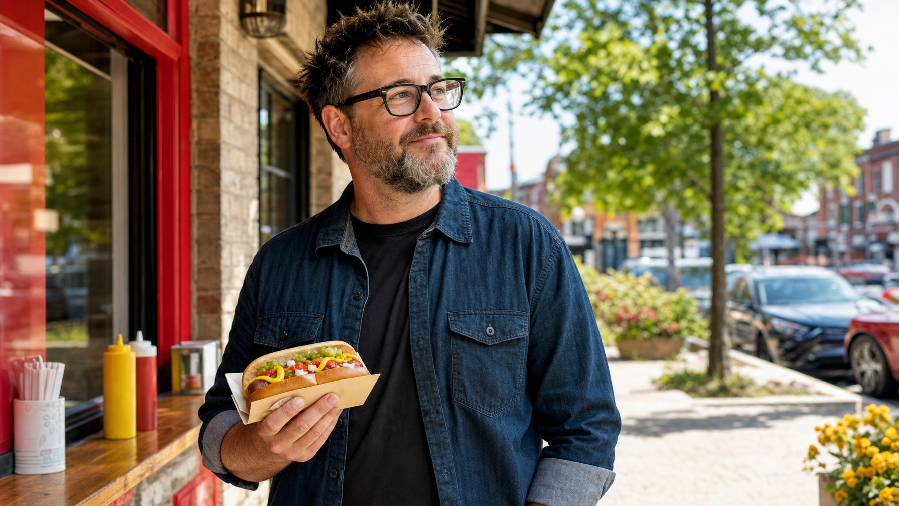 A man holds a loaded hot dog outside a street-side food counter, with condiment bottles and a tree-lined sidewalk behind him.