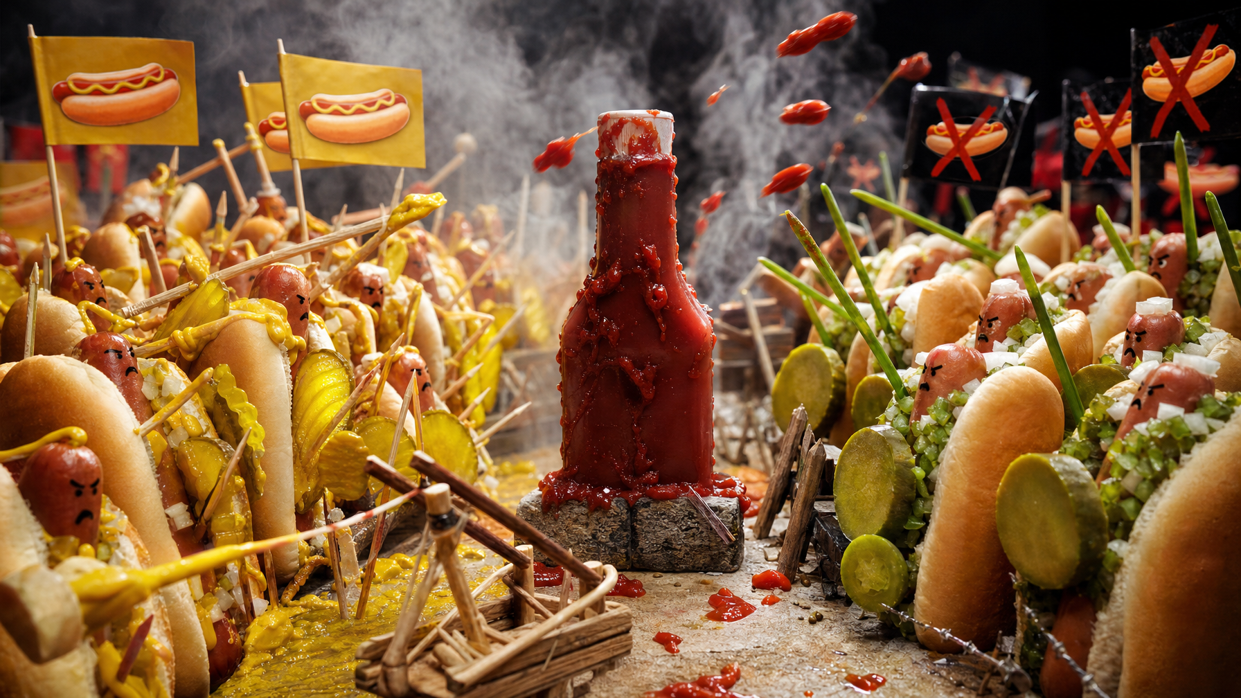 Hot dogs covered with mustard and garnishes surround a ketchup bottle on a tabletop, with flying ketchup and small signs depicting hot dogs marked with red Xs.