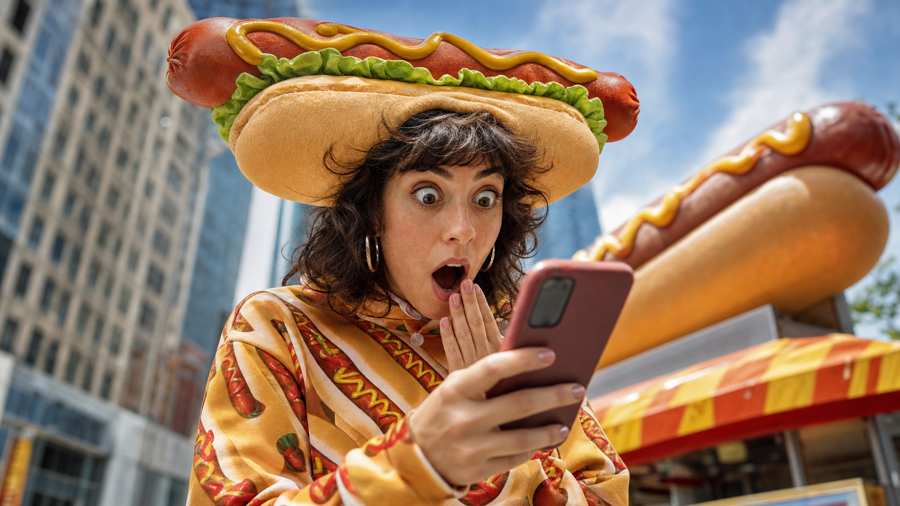 A person in a hot-dog-themed outfit and oversized hot-dog hat looks at a smartphone beside giant hot-dog props and a street food stand in a city.