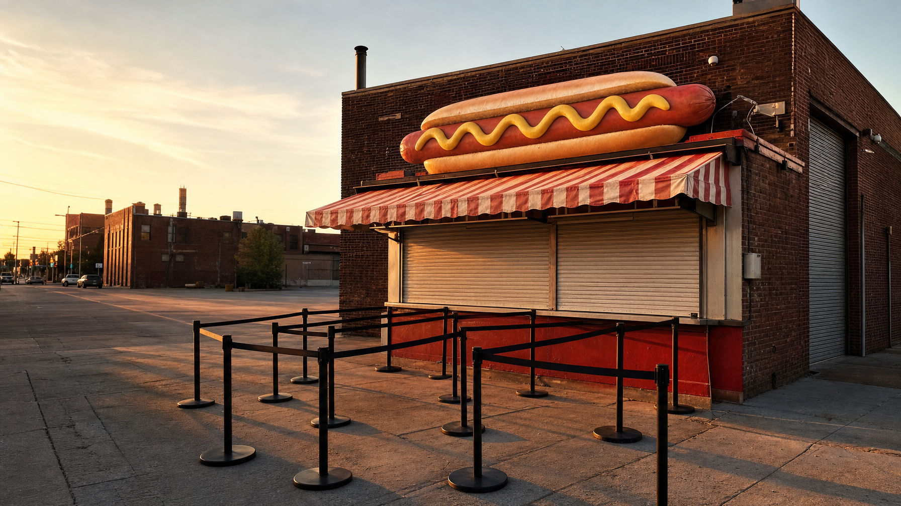 A closed hot-dog stand with a giant hot dog sign, striped awning, and empty queue barriers sits beside a brick industrial building at sunset.
