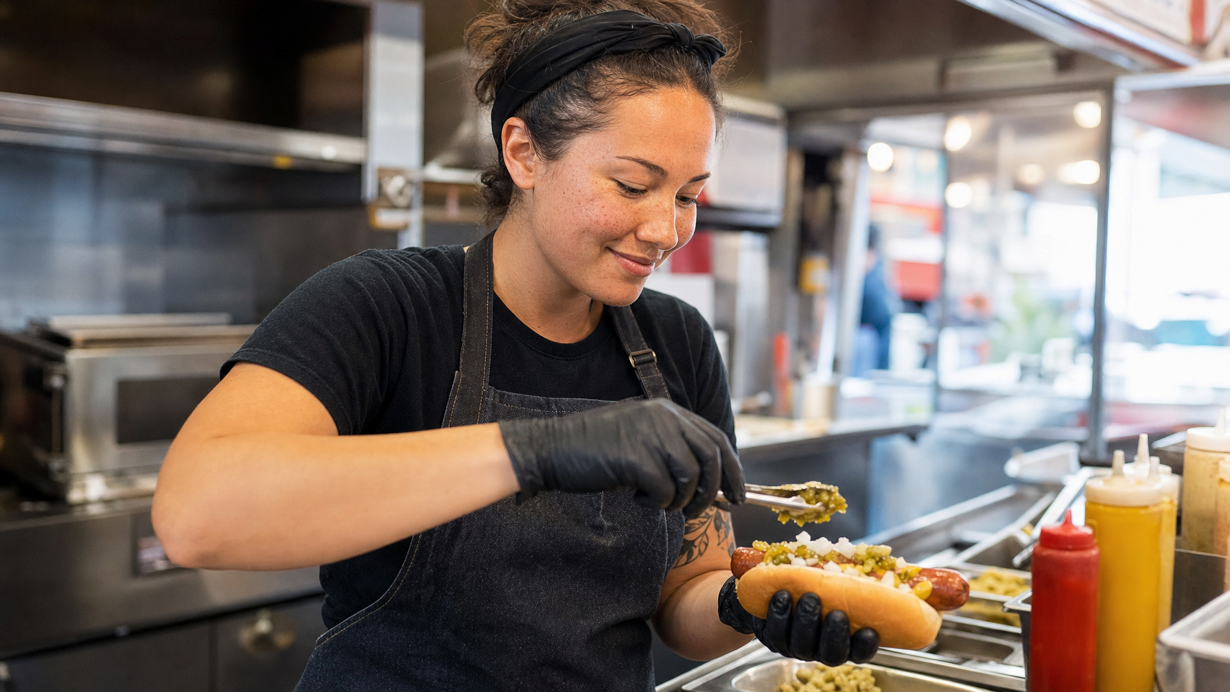 A food-service worker uses tongs to add toppings to a hot dog in a commercial kitchen, with condiment bottles and ingredient trays nearby.