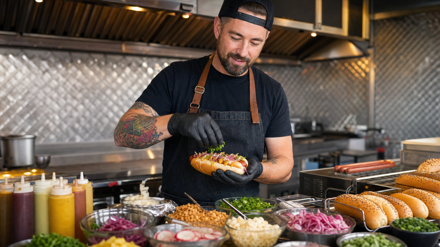 A food vendor adds green toppings to a loaded hot dog at a counter covered with sauces, vegetables, buns, and grilling equipment.