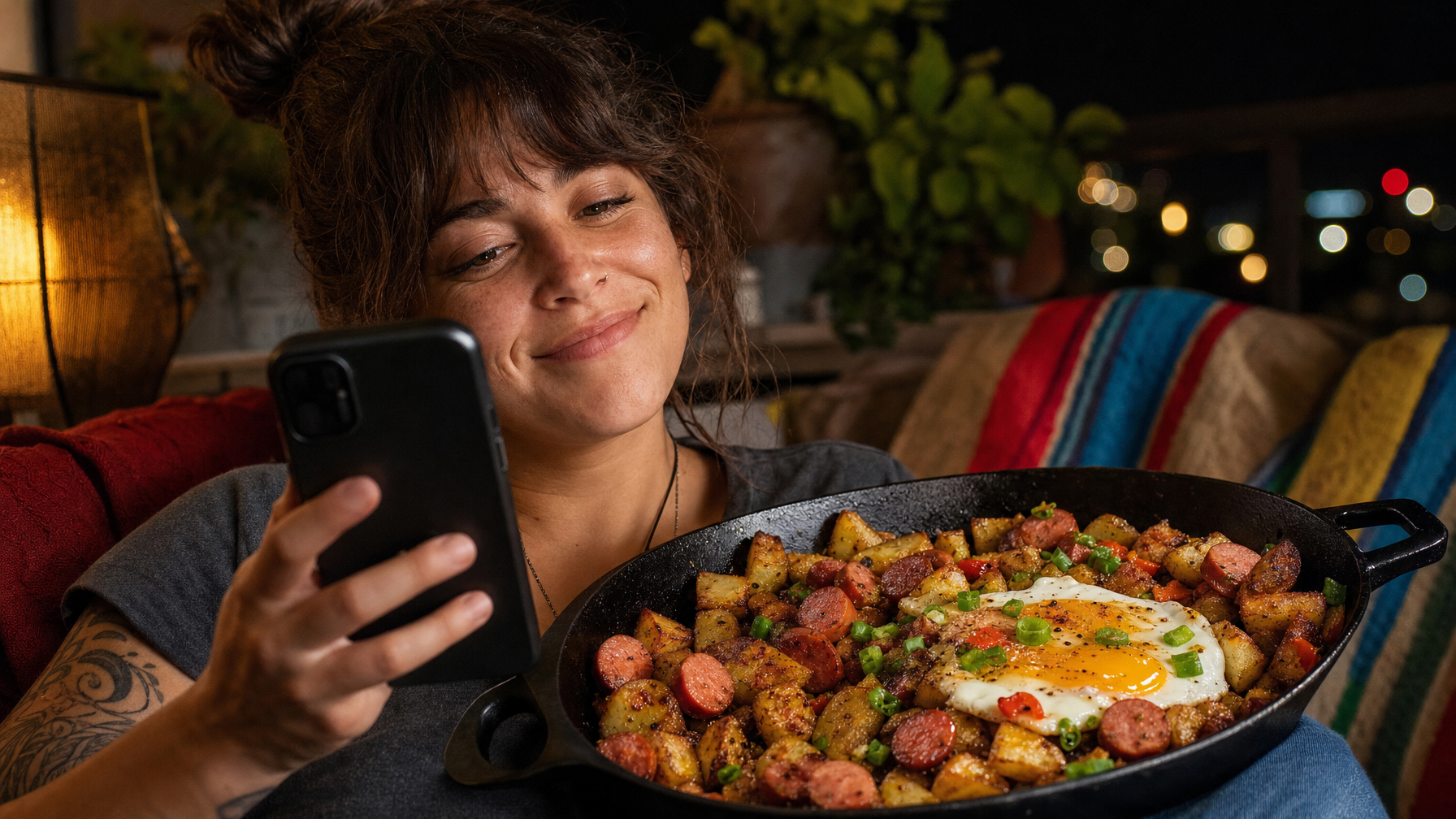 A person holds a smartphone beside a cast-iron skillet of browned potatoes, sliced sausage, and a fried egg, seated on a couch in a warmly lit room.