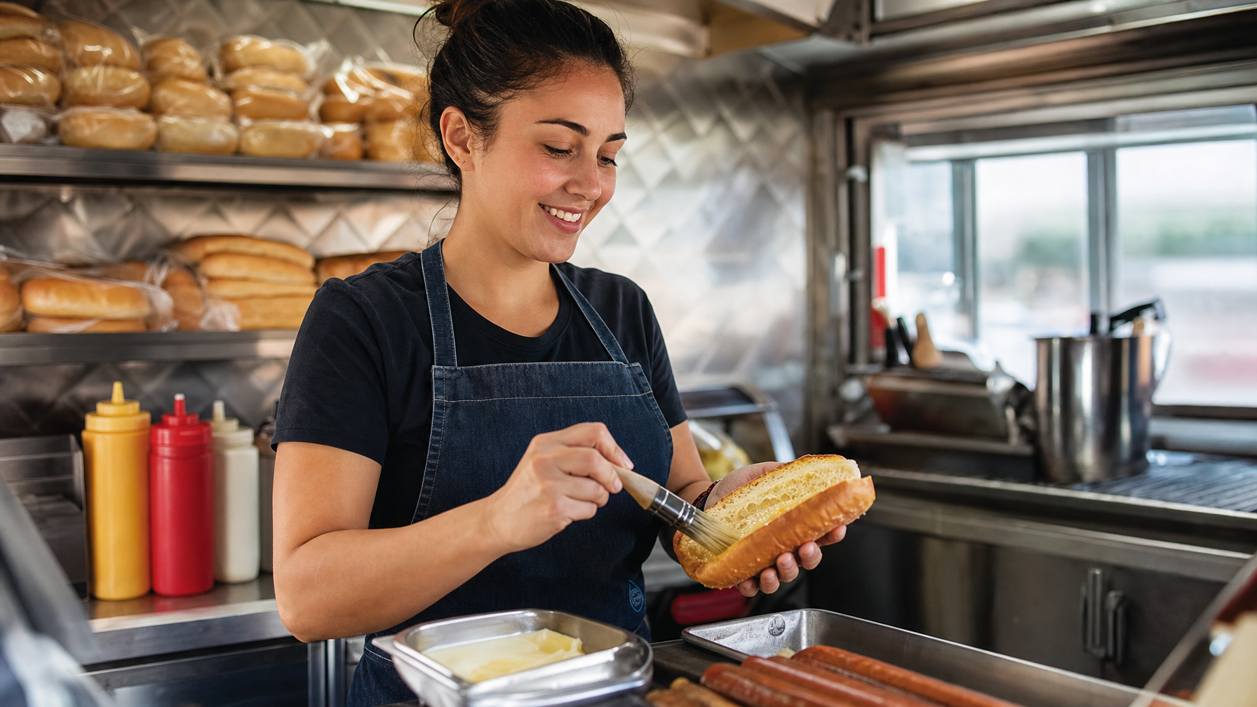 A food-service worker brushes butter onto a split bread roll in a commercial kitchen, with trays of butter and sausages nearby.