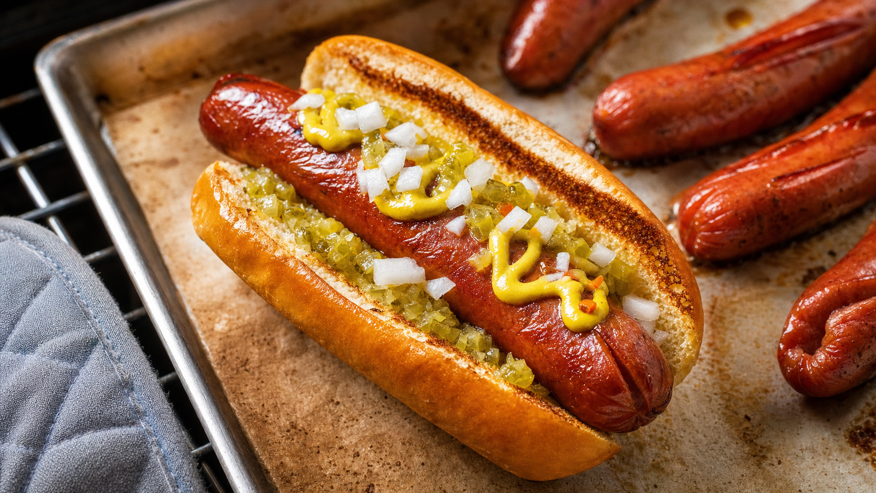 A dressed hot dog in a toasted bun sits on a baking sheet with mustard, relish, and chopped onions; several sausages lie around it on the oven rack.