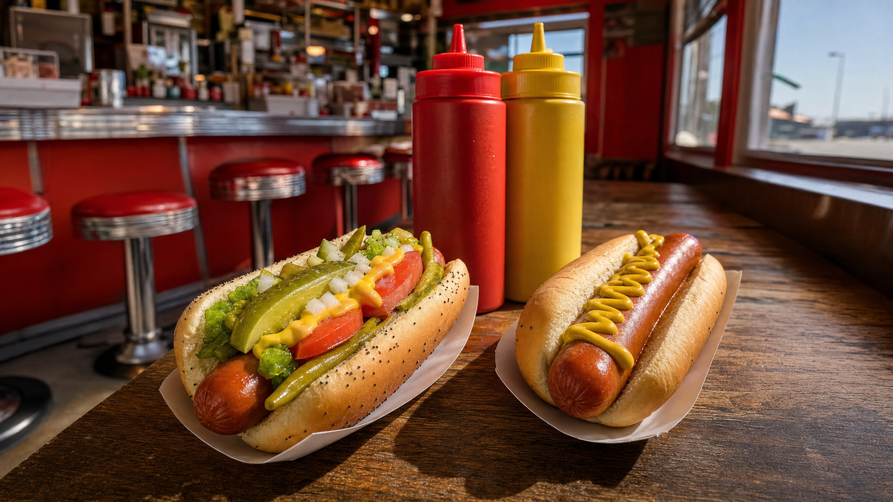 Two hot dogs sit on paper trays at a diner counter, one covered with vegetables and pickles and the other topped with yellow mustard, beside red and yellow squeeze bottles.