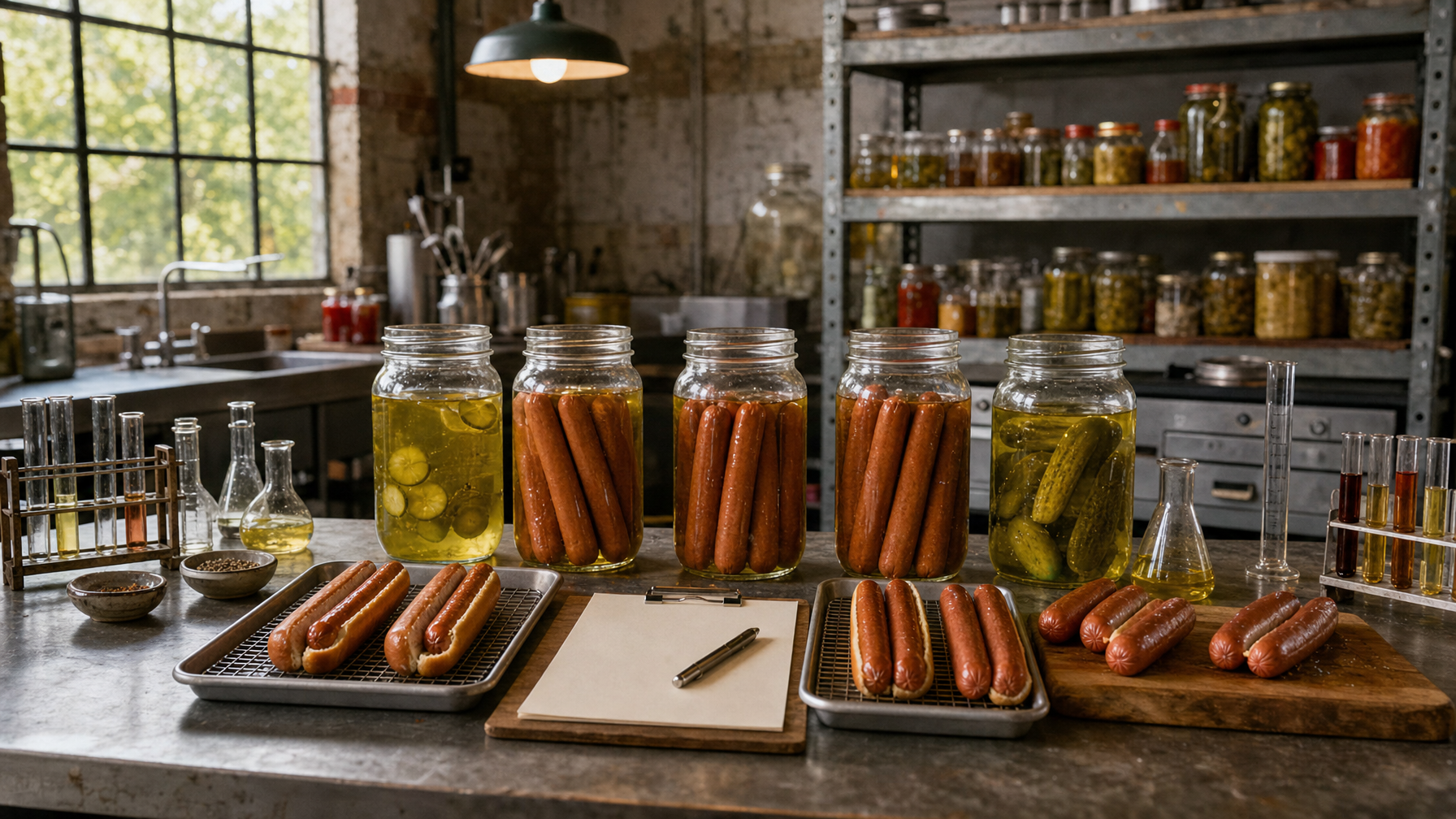 Jars of hot dogs and pickles sit on an industrial kitchen workbench beside trays of hot dogs, pickle brine, and laboratory glassware.