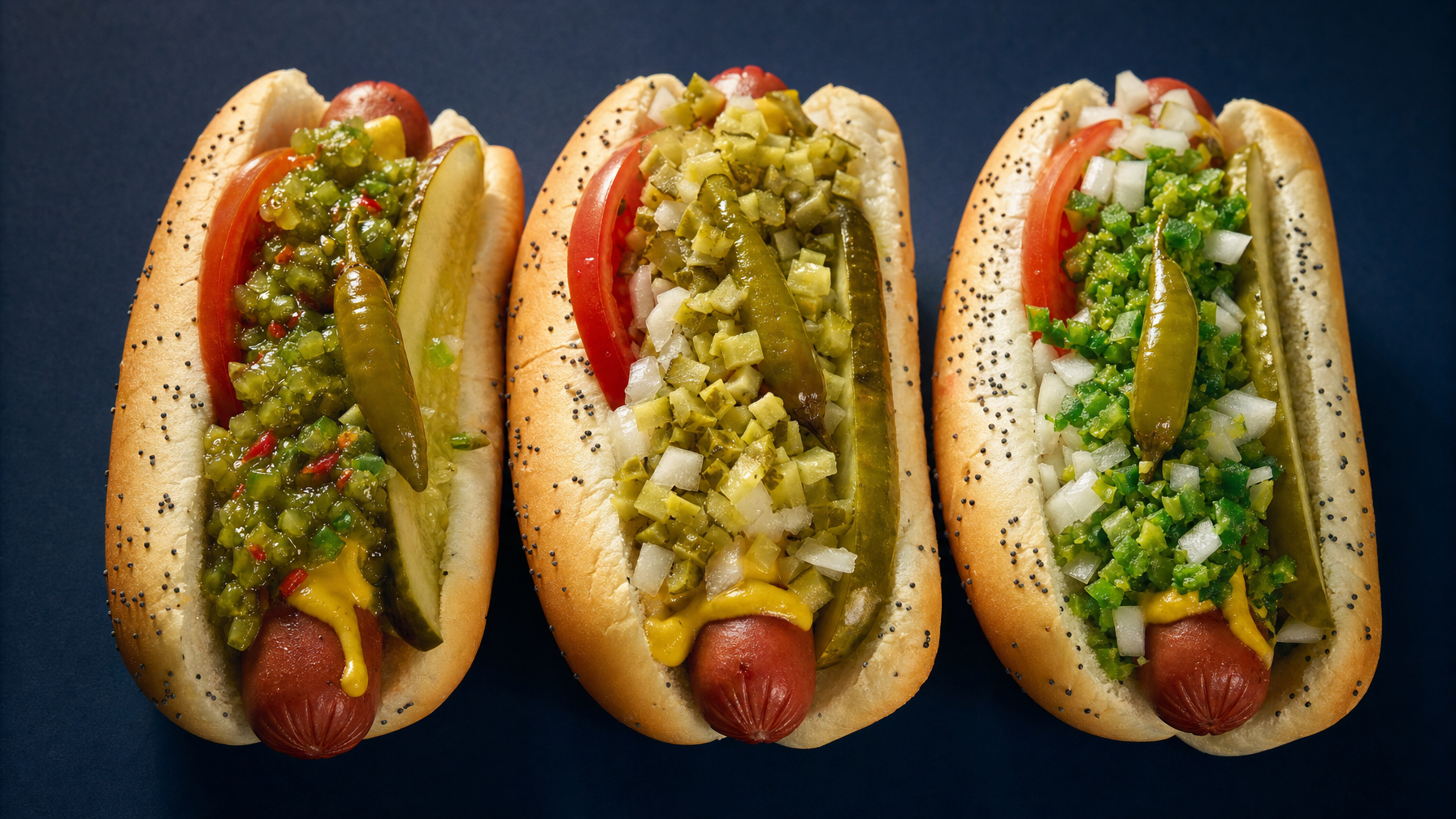 Three hot dogs in poppy-seed buns topped with relish, tomatoes, onions, pickles, mustard, and peppers on a dark surface.