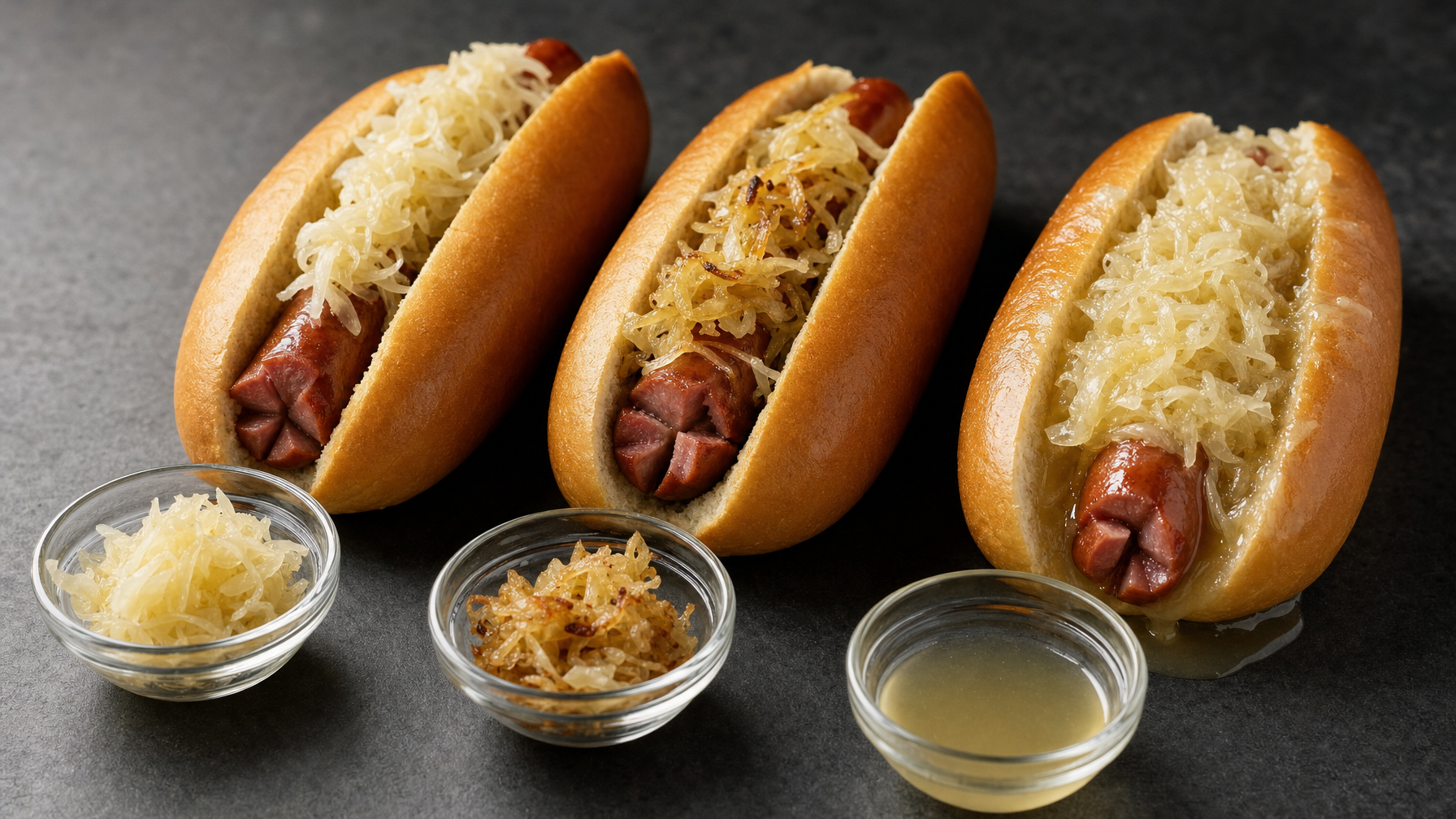 Three hot dogs in buns topped with sauerkraut sit on a dark surface, accompanied by bowls of plain sauerkraut, fried sauerkraut, and sauerkraut liquid.