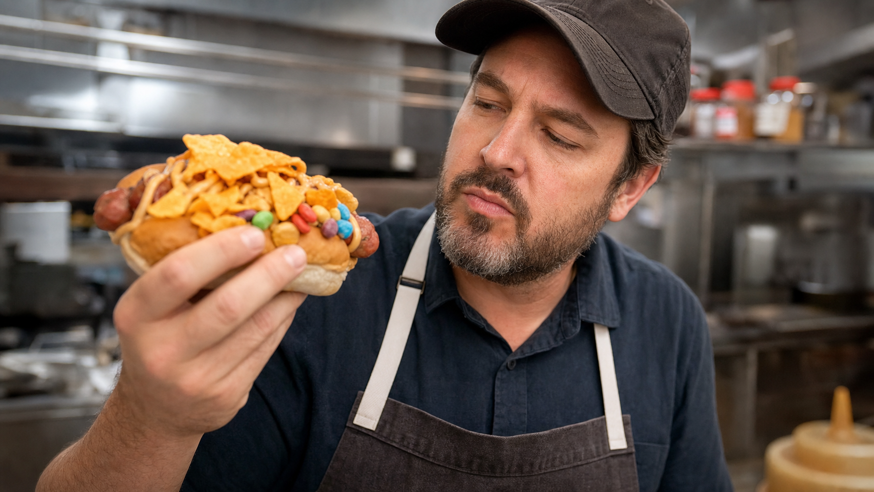A food-service worker in a cap and apron holds up a hot dog piled with cheese snacks and colorful candy in a commercial kitchen.