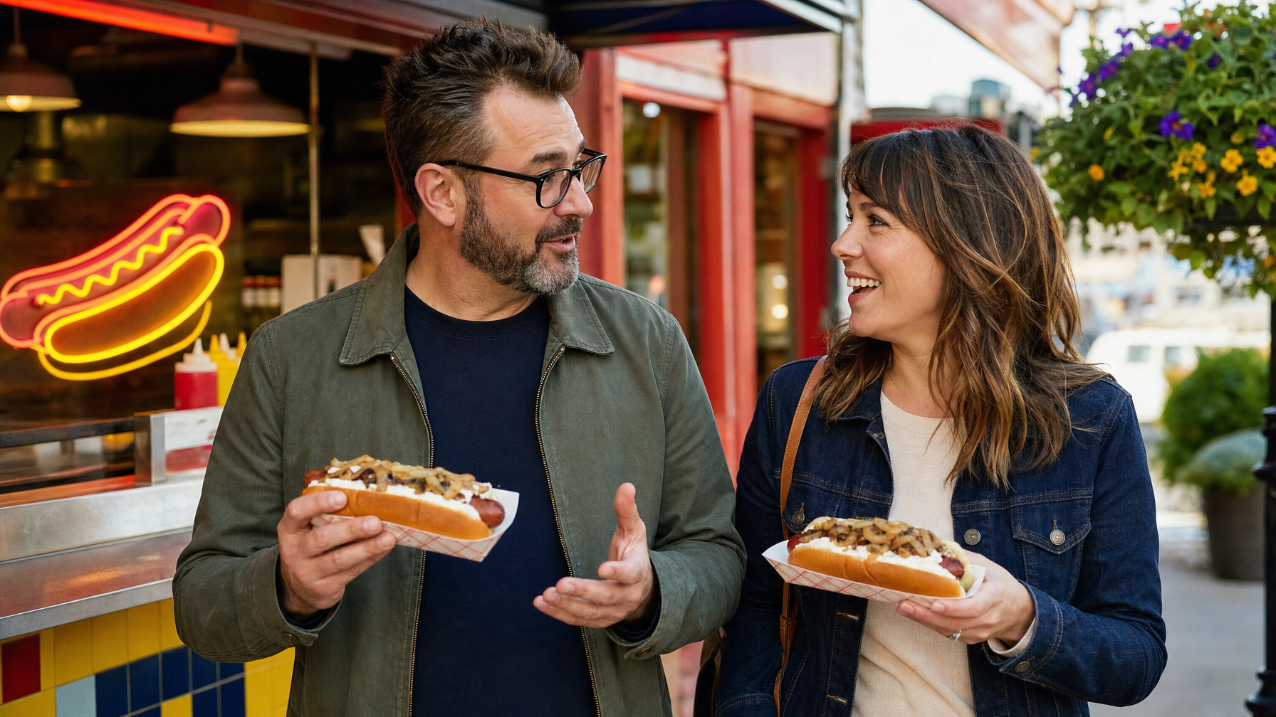 Two people hold hot dogs topped with onions and other ingredients while talking outside a street food stand.