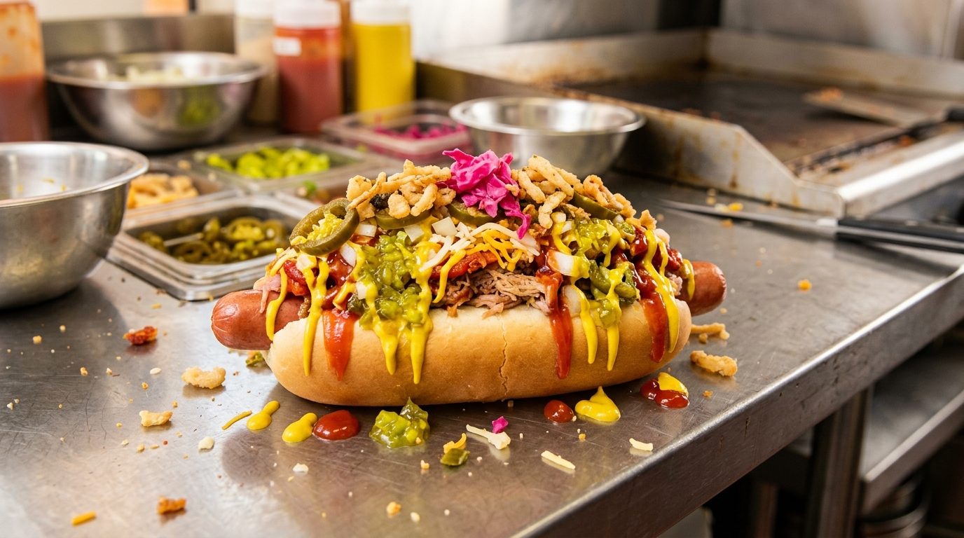An overloaded hot dog covered with sauces, shredded meat, cheese, pickles, fried onions, and a pink garnish sits on a metal food-preparation counter surrounded by ingredient trays.