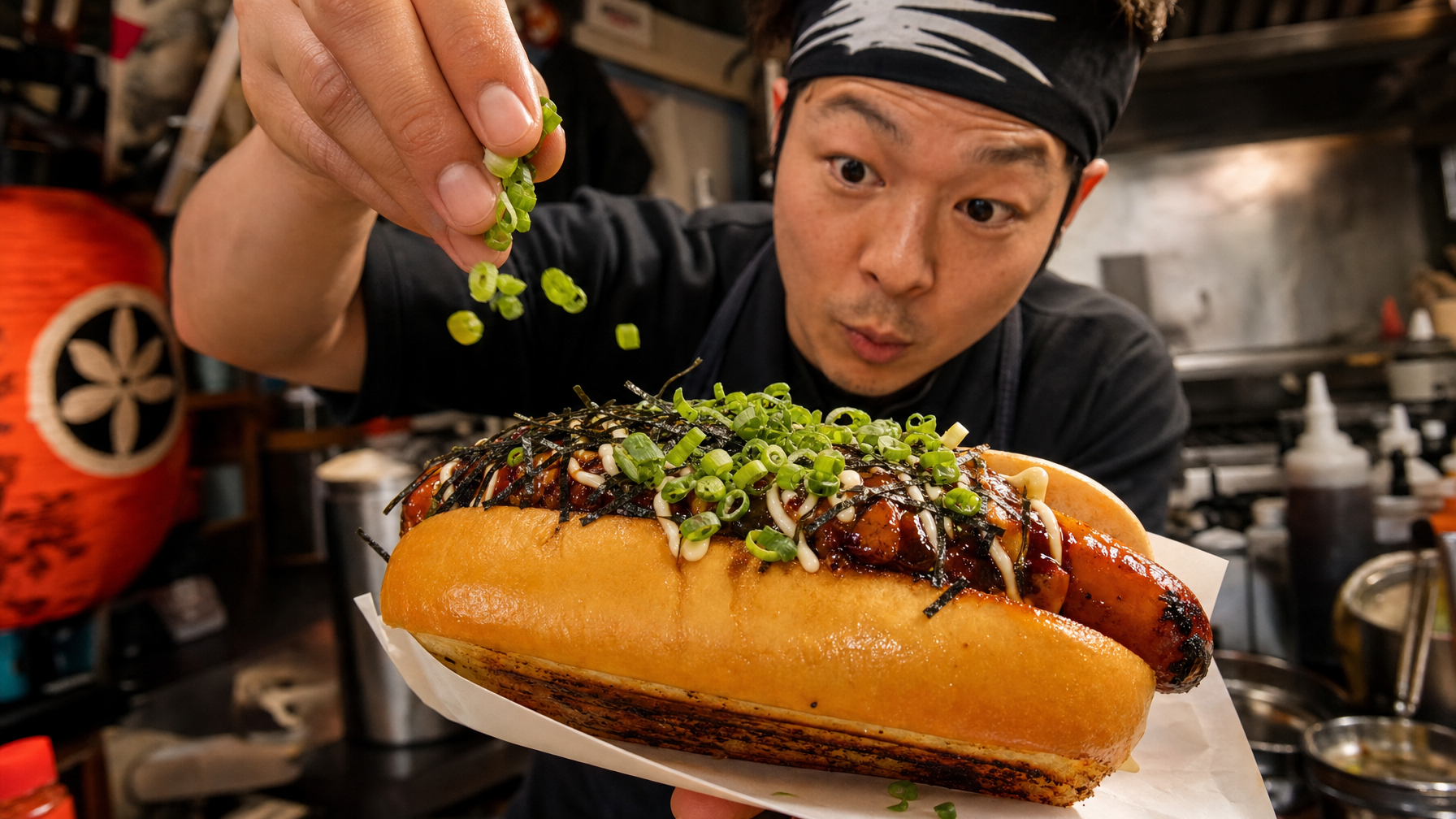 A cook sprinkles sliced scallions over a sauced hot dog topped with seaweed and mayonnaise in a busy kitchen.