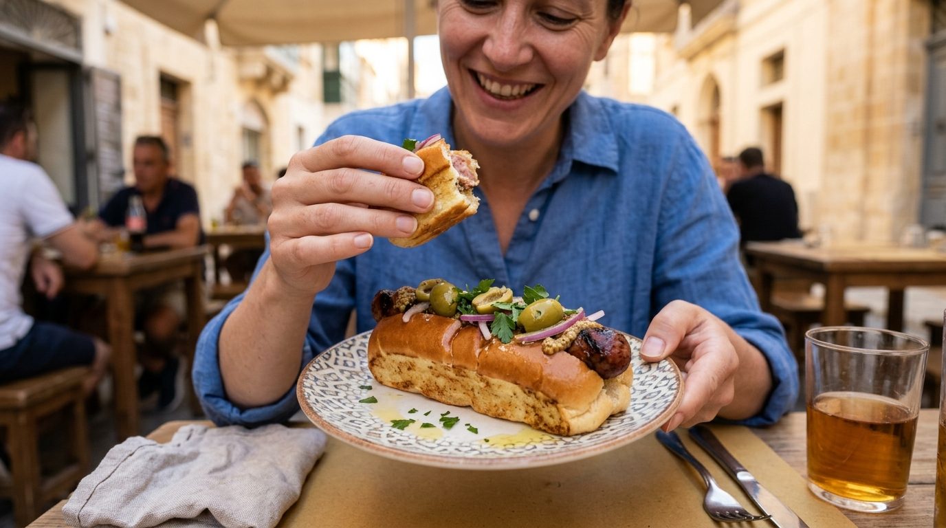 A person holds a partly eaten, topped hot dog over a plate in a sunlit stone courtyard restaurant, with a drink and other diners nearby.
