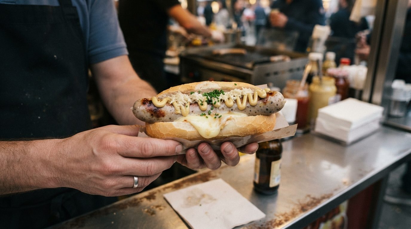 A food vendor in an apron holds a sausage in a bun topped with melted cheese and mustard at a busy counter.