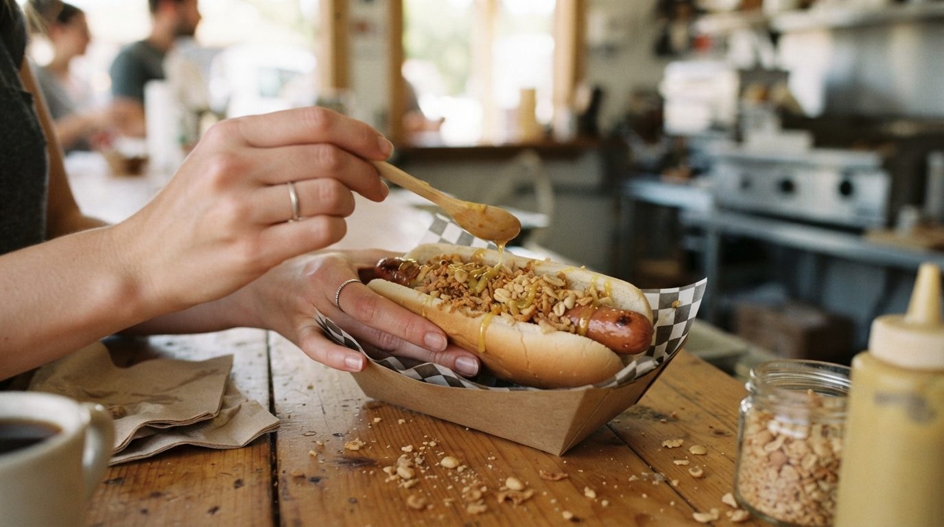 A hot dog in a bun is topped with sauce from a wooden spoon while held over a cardboard tray on a wooden restaurant table.