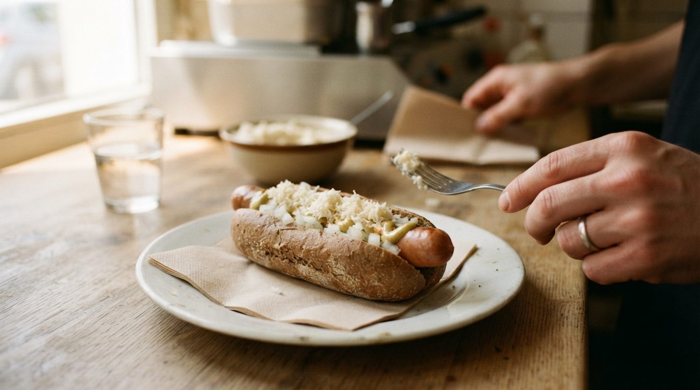 A sausage in a rye roll topped with grated white garnish and onions sits on a plate while a person uses a fork at a wooden table.