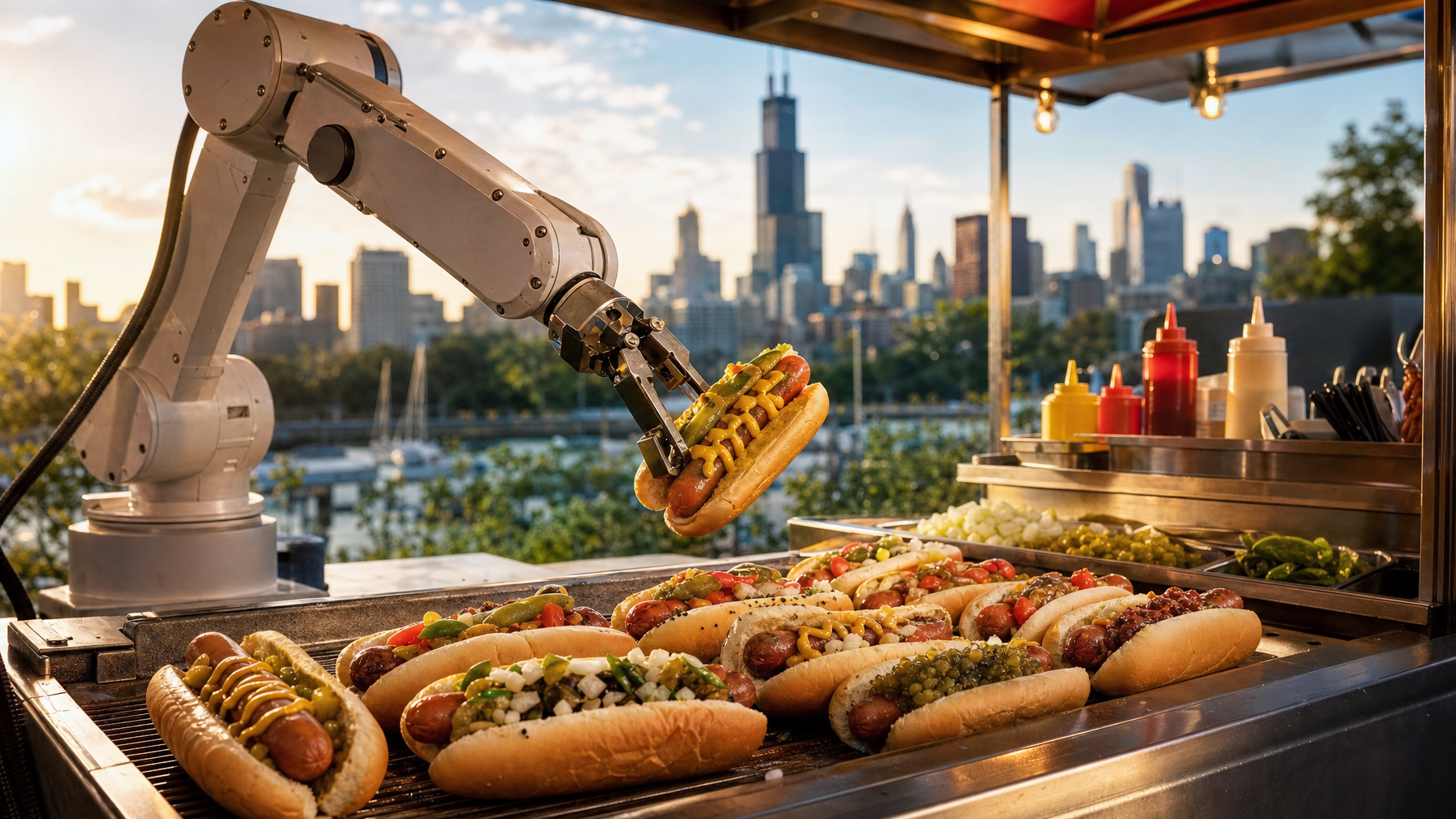 A robotic arm holds a mustard-covered hot dog above a food cart filled with prepared hot dogs and condiments, with a city skyline in the background.