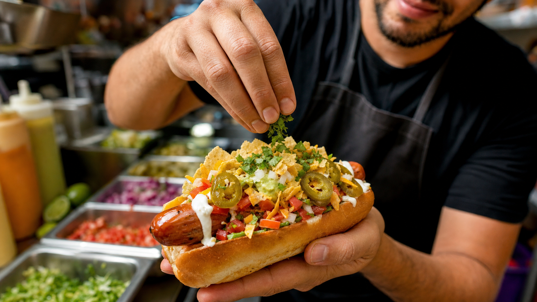 A person adds chopped cilantro to a loaded hot dog topped with tortilla chips, jalapeños, diced vegetables, sauces, and guacamole at a food-preparation counter.