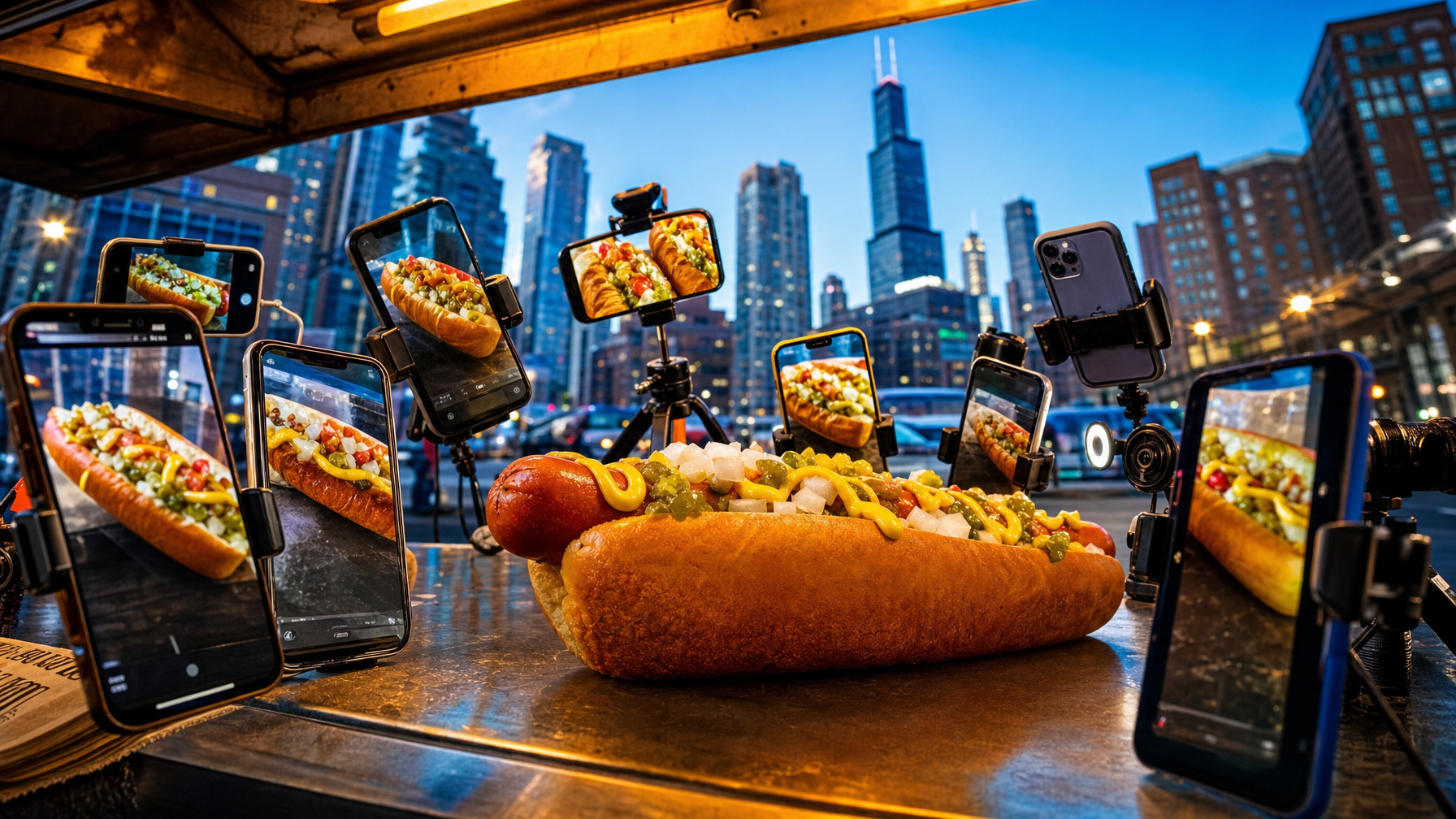 A hot dog topped with mustard, relish, onions, and other condiments sits on a counter, surrounded by smartphones and cameras, with a city skyline beyond.