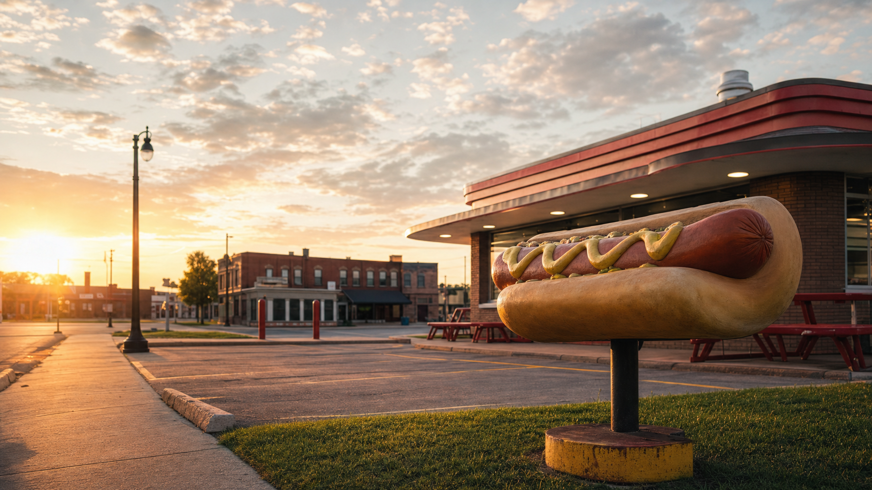 An oversized hot dog sculpture with mustard stands outside a roadside restaurant beside a parking lot at sunset.