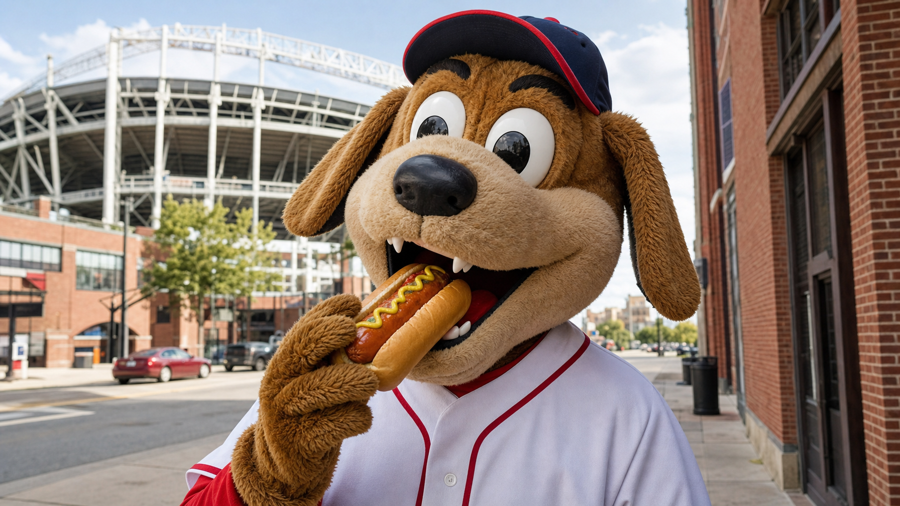A dog mascot in a baseball-style uniform bites a hot dog outside a stadium.
