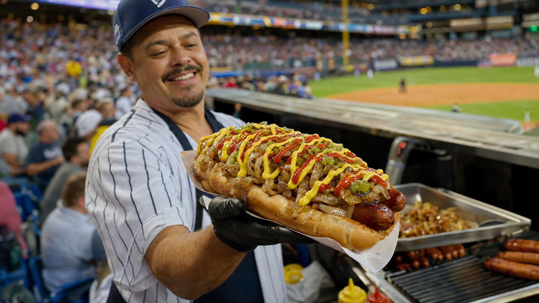 A stadium food vendor presents an overloaded hot dog topped with onions, peppers, mustard, and ketchup beside a baseball field and crowd.
