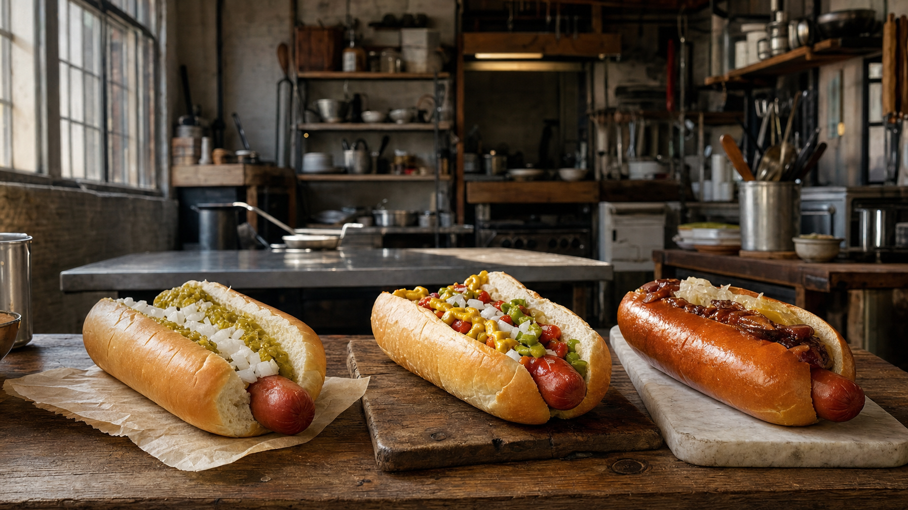 Three hot dogs sit in different buns on wooden boards, topped with chopped onions, relish, peppers, mustard, and sautéed onions in a rustic kitchen.