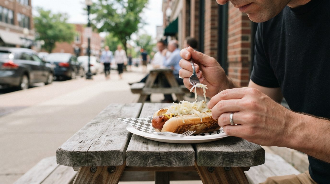 A person uses a fork to lift shredded slaw onto a hot dog on a plate at a wooden picnic table beside a city sidewalk.