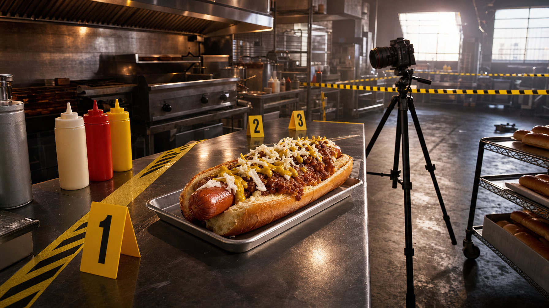 A loaded hot dog sits on a metal tray beside numbered markers, yellow caution tape, and a camera on a tripod in a commercial kitchen.