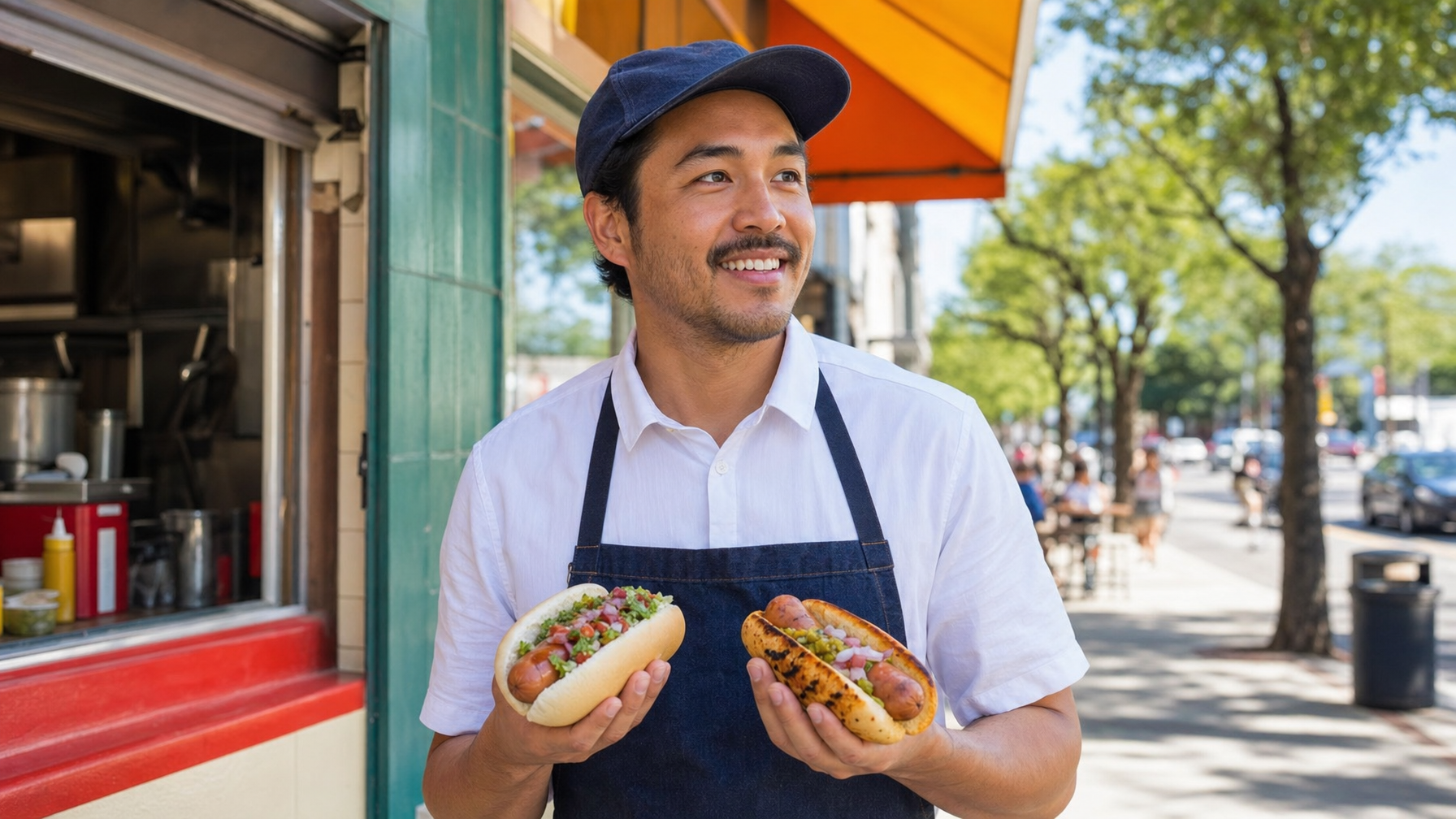 A food vendor in an apron holds two hot dogs, one in a pale bun and one in a charred toasted bun, outside a street-side stand.