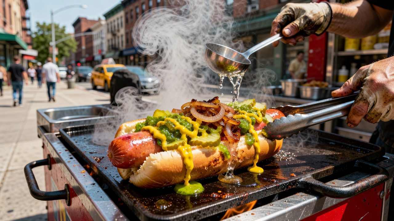 A hot dog with mustard, relish, onions, and pickles is being dressed with liquid over a steaming street grill on a busy city sidewalk.