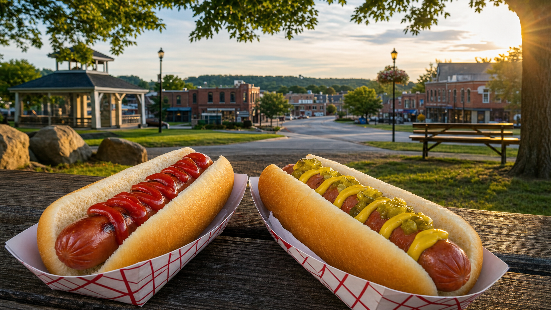 Two hot dogs sit in paper trays on a picnic table, one topped with ketchup and the other with mustard and relish, with a gazebo and small-town street behind them.