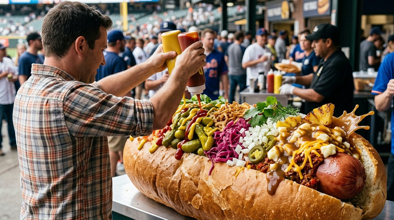 A man squeezes mustard and ketchup onto an oversized hot dog covered with varied toppings at a crowded stadium concession stand.
