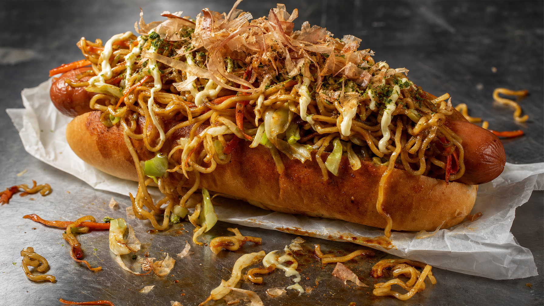 A hot dog in a toasted bun is piled with saucy stir-fried noodles, vegetables, creamy sauce, and thin flakes on a dark tabletop.