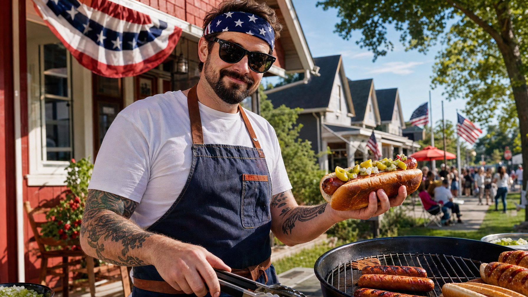 A man in an apron grills hot dogs outdoors while holding a dressed hot dog, with flags, houses, and a neighborhood gathering in the background.